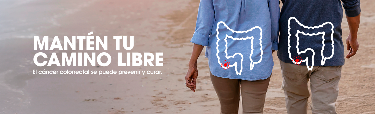 banner sobre cáncer colorectal con dos personas caminando en la playa. Primer plano en sus traseros con ilustración de colon sobre sus cuerpos.